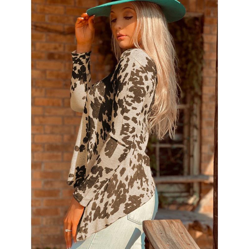 Wholesale Western Style Polyester Cow Print Long Sleeved Tops